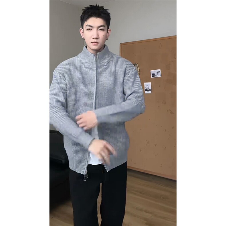 重磅秋冬北极绒双拉链毛衣开衫美式复古休闲慵懒风宽松针织衫外套,男装针织衫/毛衣,电商A486-1