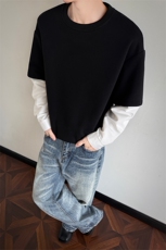 新款华棉假两件撞色420g重磅拼接大码长袖卫衣男W5425-特P35控68，男装卫衣，电商A001-1