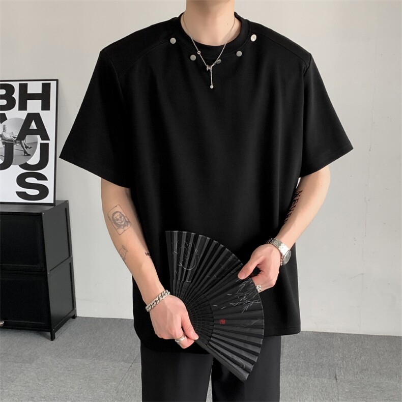 夏季纯棉重磅小众金属纽扣设计感垫肩短袖朋克高级T恤宽松半袖,男装T恤,星座909