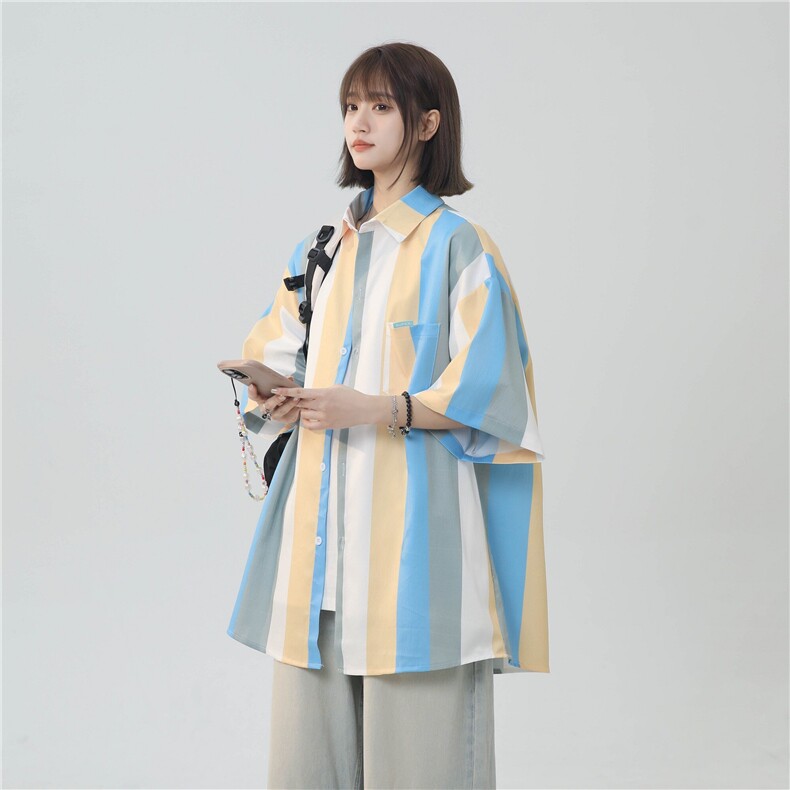 XZ-230-1CS509夏新款中性风简约轻奢水墨条纹休闲短袖衬衫P45控58,男装衬衫,星座230-1