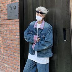 男格子小众复古水洗牛仔套装宽松夹克外套阔腿裤两件套TZ32-P110，男装休闲套装，星座308B-1