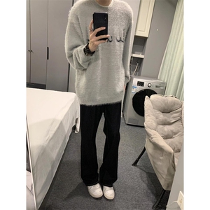 海马毛毛衣基础简约标语logo字母宽松情侣男女同款 M5237图片