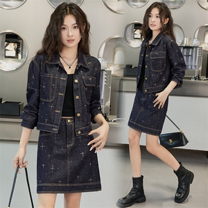 欧货复古设计感牛仔套装裤潮2024秋新款女时髦减龄气质短裙两件套图片