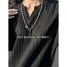 美式高街千鸟格子长袖T恤男女亨利V领英伦雅痞休闲宽松长袖打底衫，男装T恤，电商A443