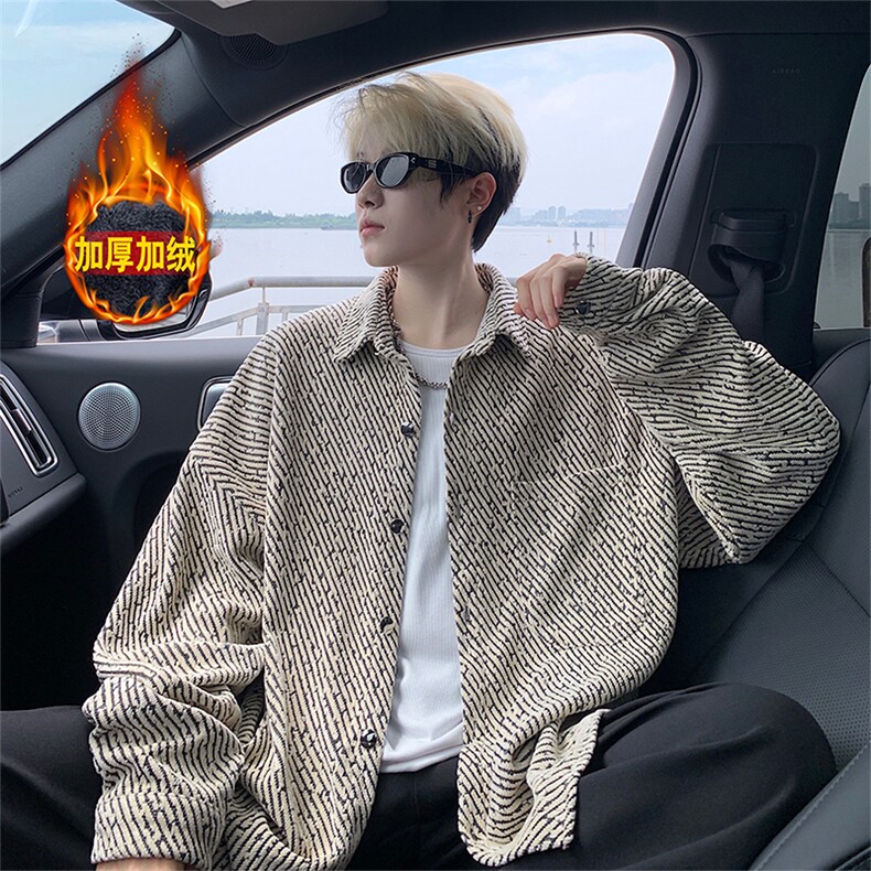 加绒衬衫男冬季新款港风宽松大码加厚小香风长袖衬衣JR70-P49，男装衬衫，星座214-3