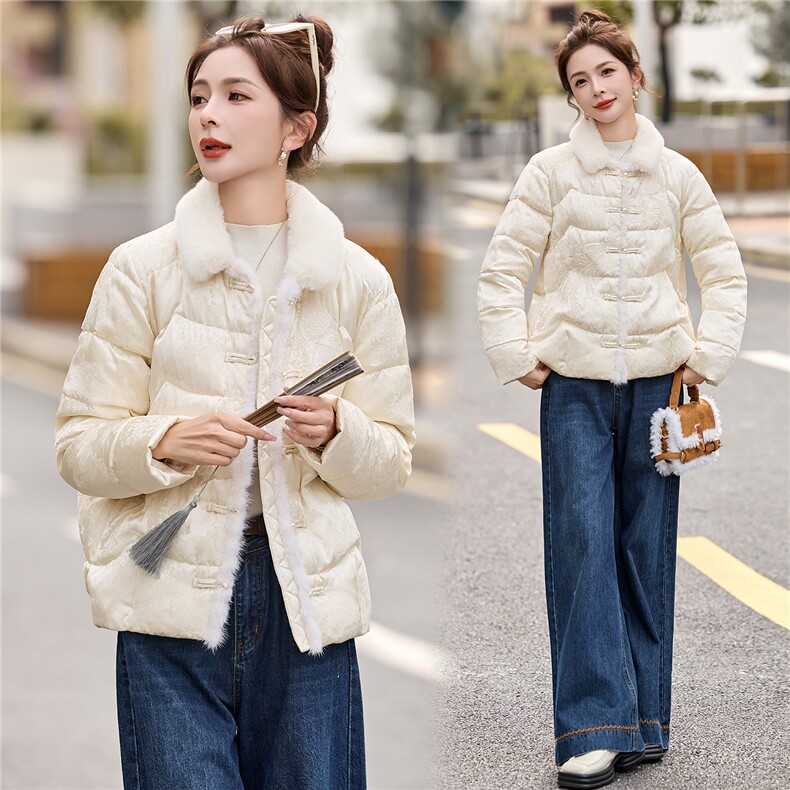 新中式白鸭绒羽绒服外套女2025冬季新款重工刺绣水貂毛提花外套,女装羽绒服,沁沁公主