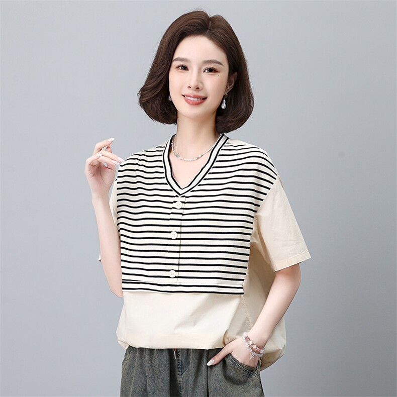 时尚条纹拼接短袖衬衫女宽松显瘦V领上衣夏季新款百搭休闲女装,女装衬衫,叶笙衣