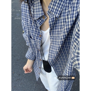 蓝色格子衬衫春夏装叠穿衬衣小众设计感上衣休闲长袖外套C16p38