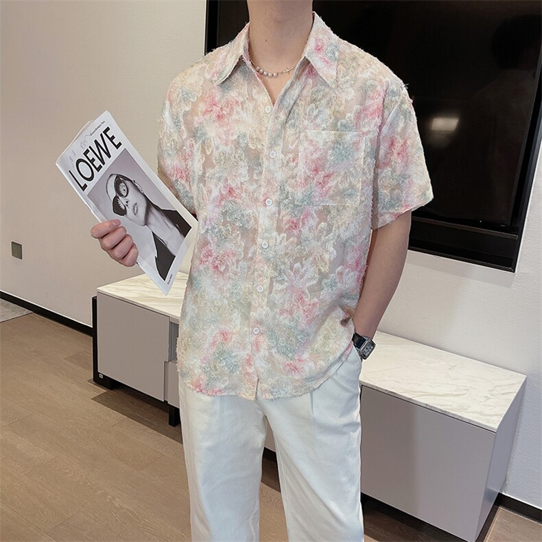 夏季韩版小众设计感男士流苏碎花衬衫短袖潮流薄款宽松0252-P55,男装T恤,电商B267