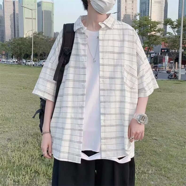 日系五分袖春夏季新款衬衫潮流慵懒男方领宽松型衬衫C61P30图片