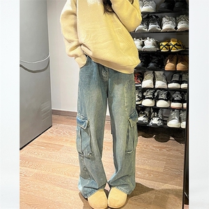 N101-P65 美式水洗做旧工装牛仔拖地长裤男女秋冬做旧牛仔裤图片