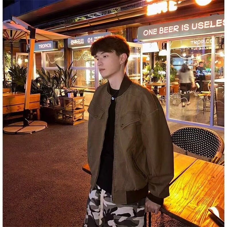 欧美复古多拉链设计哈灵顿外套男女秋季高街百搭飞行员棒球领夹克图片