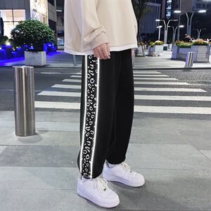 K725-P45    秋季港风大码针织豹纹运动裤男直筒夜光反光休闲裤图片