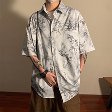 风墨竹衬衫X5531-TP25不控价复古印花中式青少年休闲宽松衬衫，男装衬衫，电商A102-1