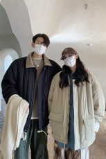 港风撞色灯芯绒拼接领棉衣外套女羊羔绒情侣加厚棉服G1070P128，男装棉衣，电商A339