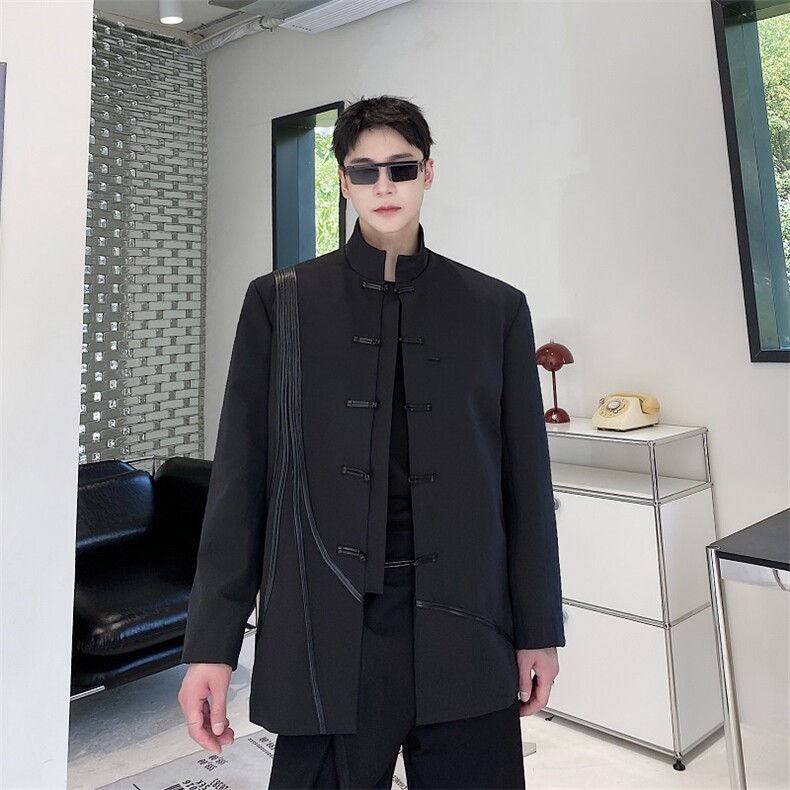 暗黑系新中山装盘扣立领西服男皮绳流苏设计感外套A345-619-P135，男装西服，电商A345