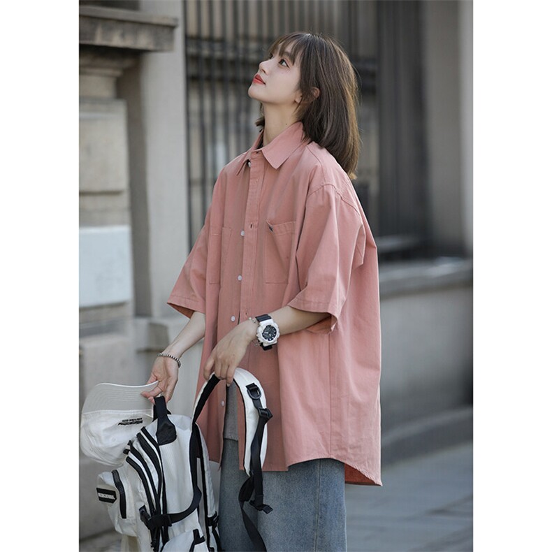 短袖衬衫女港味新款潮流宽松纯色衬衣休闲百搭外穿上衣CS09-p45，女装衬衫，星座710