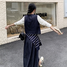 韩版宽松休闲显瘦条纹披肩无袖背心马甲半身牛仔裙女春秋三件套，女装套装/套裙，2C166