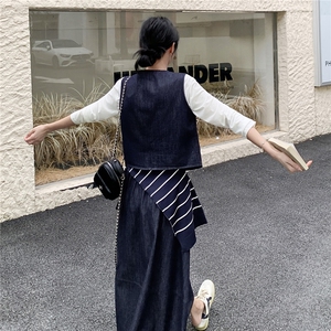 韩版宽松休闲显瘦条纹披肩无袖背心马甲半身牛仔裙女春秋三件套图片