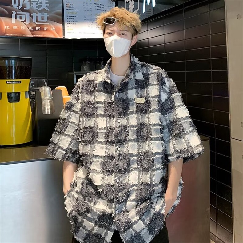 磨毛格子衬衫男款短袖高级感夏季潮衬衫W1375P40,男装衬衫,星座1116-2