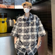 磨毛格子衬衫男款短袖高级感夏季潮衬衫W1375P40，男装衬衫，星座1116-2