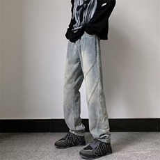 高街美式复古拼接牛仔裤男宽松直筒hiphop垂坠感显瘦裤子-N4022，男装牛仔裤，星座601-2