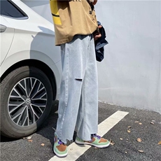 破洞毛边牛仔裤男潮流宽松直筒休闲九分裤潮牌阔腿老爹裤N224-p38，男装牛仔裤，星座1008-1