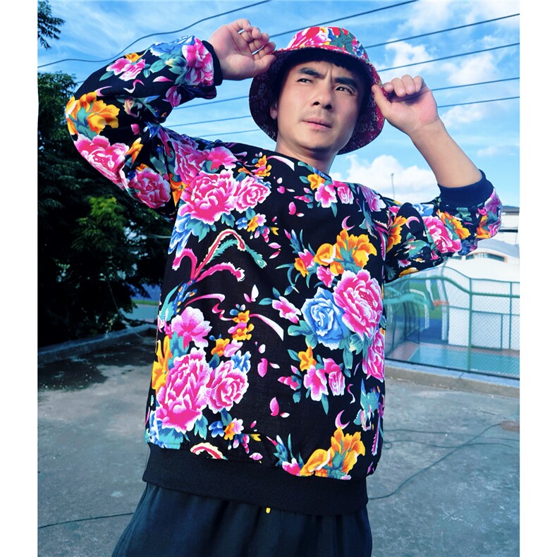 B203秋冬男女休闲圆领大码东北大花卫衣团队表演出汉服舞蹈学生潮图片