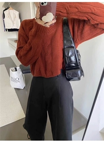 时尚V领麻花立体花纹女士羊毛衫短款显瘦百搭毛衣图片
