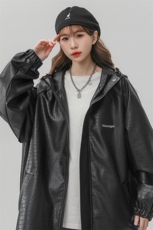 中性连帽鳄鱼纹PU皮衣大码情侣休闲冲锋衣夹克男JK8744P90控128，女装短外套，星座226-2