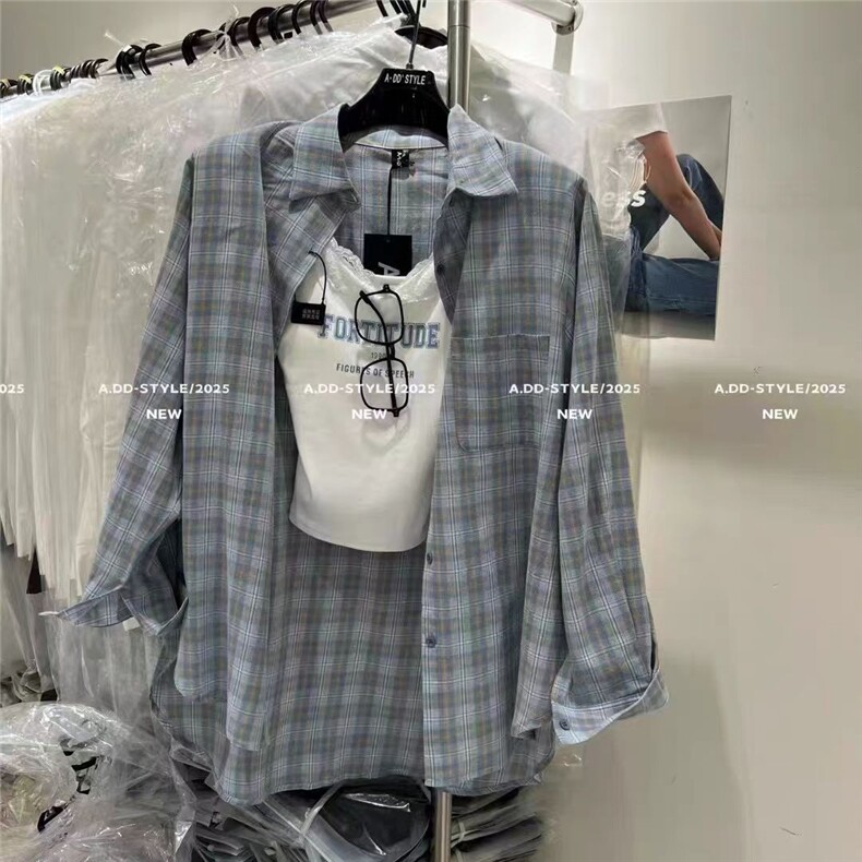 韩系氛围感纯棉格子衬衫女宽松遮肉显瘦防晒衬衣薄款外穿长袖上衣，男装防晒衣，星座1210-1