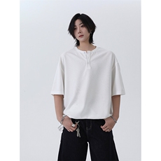 港风日系夏季新款三粒扣亨利领短袖T恤设计感XZ213-TX02-P25控39，男装T恤，星座213
