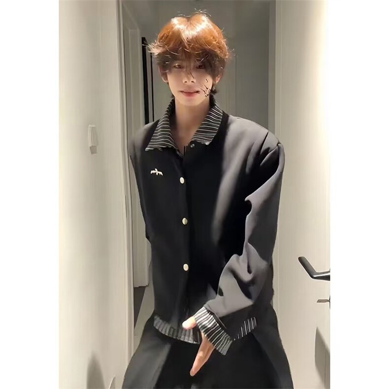 网图有货条纹衬衫假两件拼接开衫卫衣翻领宽松外套男女A997-P58,男装衬衫,星座1505
