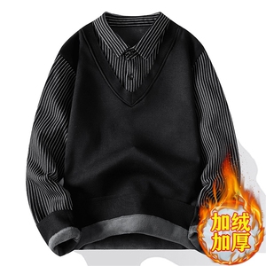 毛衣加绒加厚男士冬装假两件衬衫领针织打底衫,白体恤休闲搭配图片
