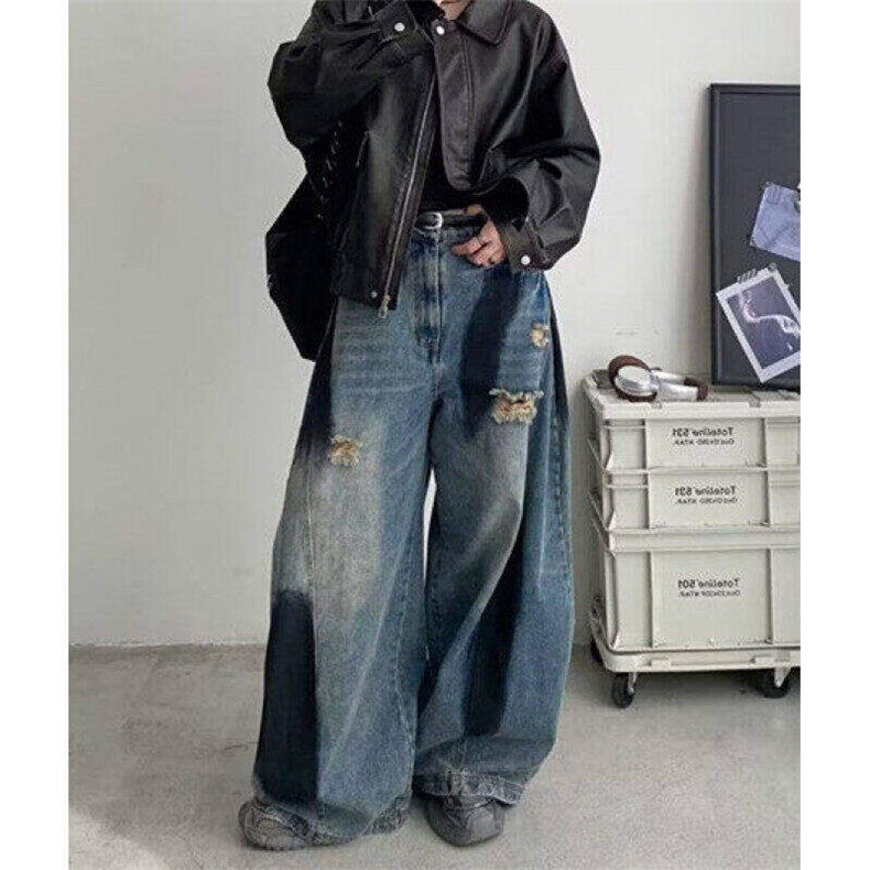 弯刀牛仔裤男女美式宽松阔腿裤cleanfit休闲破洞裤子LK11155-p48,男装牛仔裤,星座1008