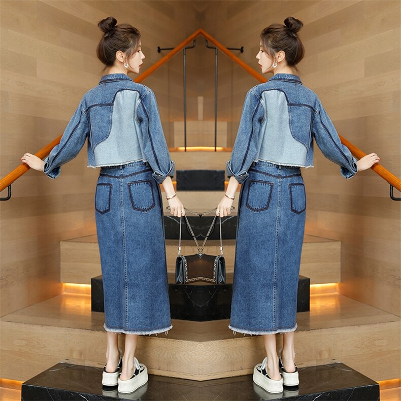 酒午港风复古春季慵懒风高腰显瘦牛仔连衣裙长袖衬衫中长款裙子女，女装套装/套裙，秋水欣儿