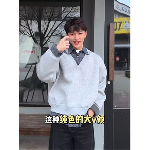 8198-P46 春秋美式潮牌假两件衬衫领卫衣男女重磅宽松休闲百搭图片