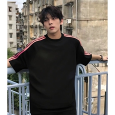 抖音得物品质二开240克宽松纯棉美式潮牌印花三条杠中性风短袖T恤，男装T恤，电商A486-1
