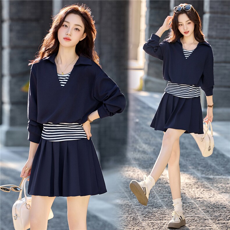 休闲运动学院风显瘦套装女2025秋季新款假两件卫衣百褶短裙两件套，女装套装/套裙，芭米依尚