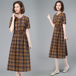2021夏季新款时尚气质V领格纹修身中长款连衣裙,女装连衣裙,简韵佳
