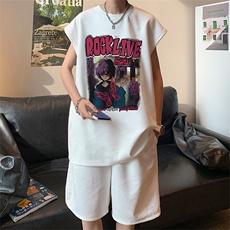 直播美式麂皮绒宽松背心无袖t恤短裤大码两件套套装TZ36-P58，男装T恤，电商A486