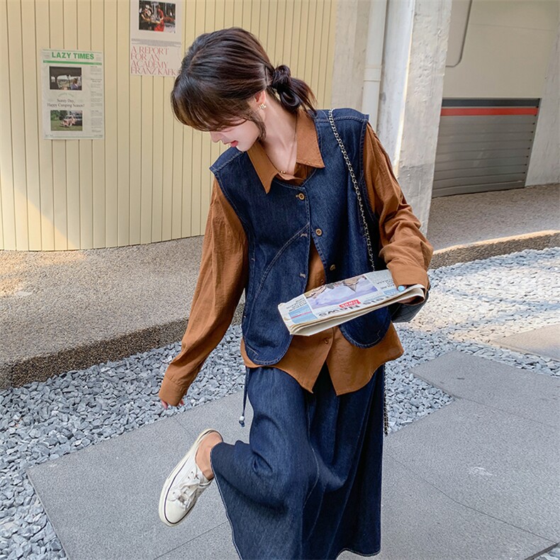 港风复古时尚牛仔马甲衬衫套装女2025春秋季新款显瘦半身裙两件套,女装套装/套裙,维壹