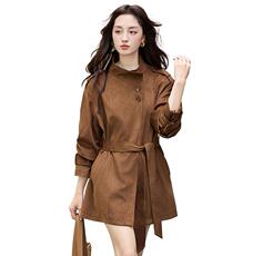 复古咖色立领麂皮风衣女2025秋冬新款中长款系带收腰显瘦气质外套，女装风衣，丽影随形