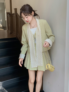 法式小香风小个子穿搭一整套女2025春新款蝴蝶结外套百褶裙两件套图片