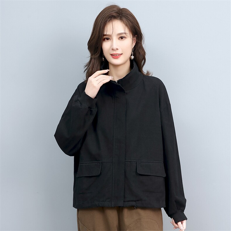 2022年春季百搭通勤宽松长袖立领拉链印花抽绳外套,女装短外套,叶笙衣