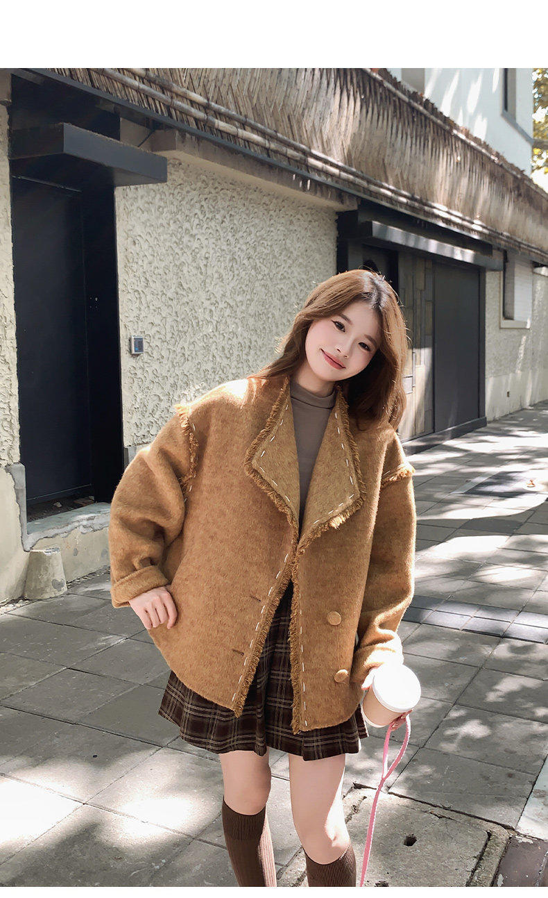 黄色流苏短款双面羊绒大衣女冬设计感超好看宽松毛呢外套，女装毛呢外套，浙宝099