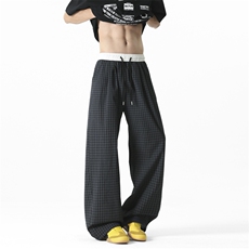 网红美式复古格子拼接假两件阔腿裤慵懒风休闲裤504-K241-P45控68，男装休闲裤，星座504