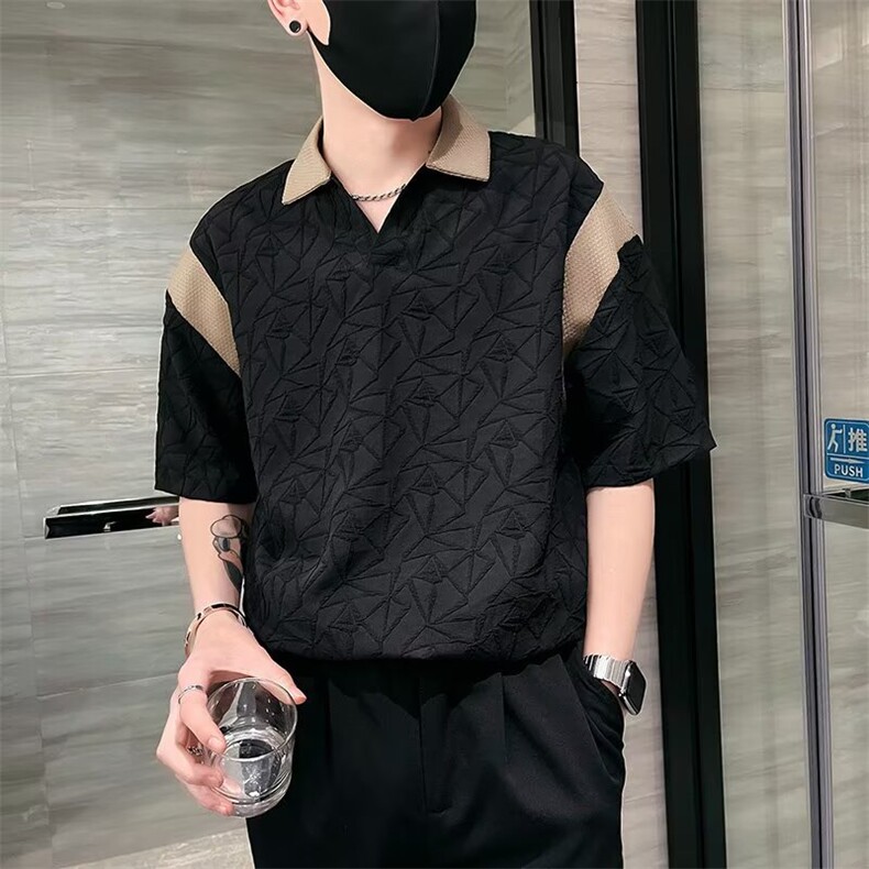 轻熟个性设计感短袖T恤男夏季痞帅修身翻领半截袖拼接撞色polo衫图片
