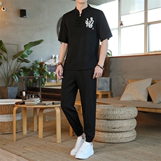 男士夏季冰丝短袖复古风唐装汉服中式居士服风套装ZT2301-P78，男装T恤，星座1105-3