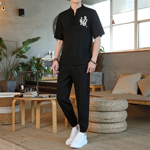男士夏季冰丝短袖复古风唐装汉服中式居士服风套装ZT2301-P78图片